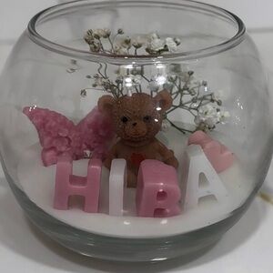 Glass Bowl with Teddy Bear and Pink Accents